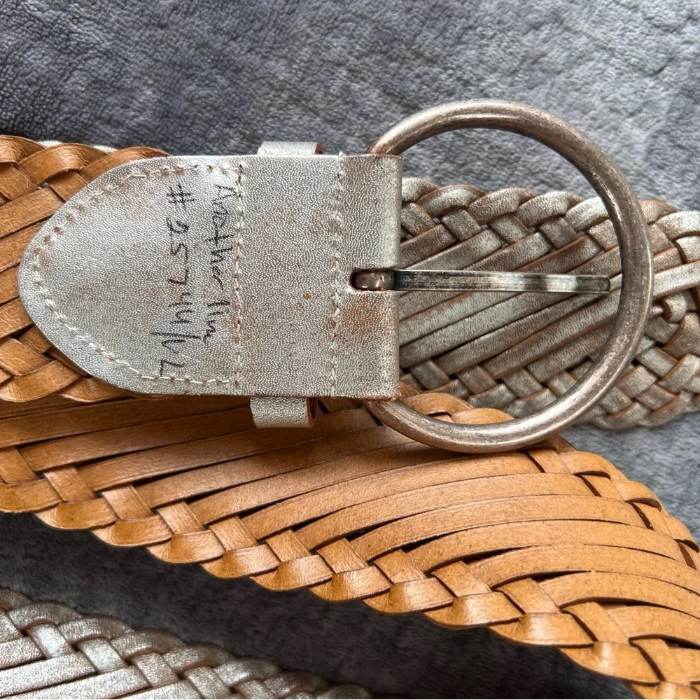 Another Line Leather Braided Belt XL Sz Tan Silver Adjustable Rustic Boho 43”